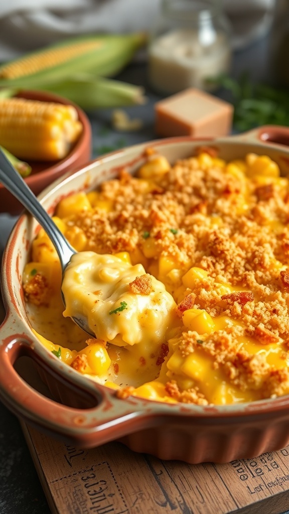 A cheesy corn casserole with melted cheese and golden breadcrumb topping in a baking dish, served in a cozy kitchen.